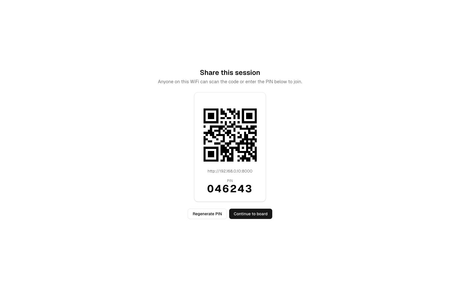 Share Session screen with a PIN and QR code