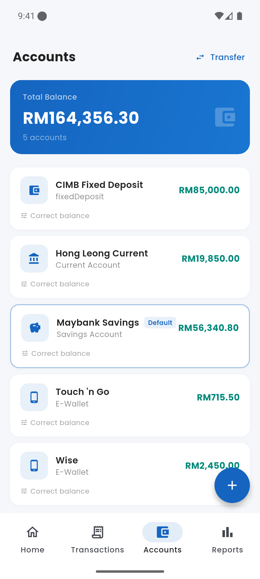 Accounts screen showing balances