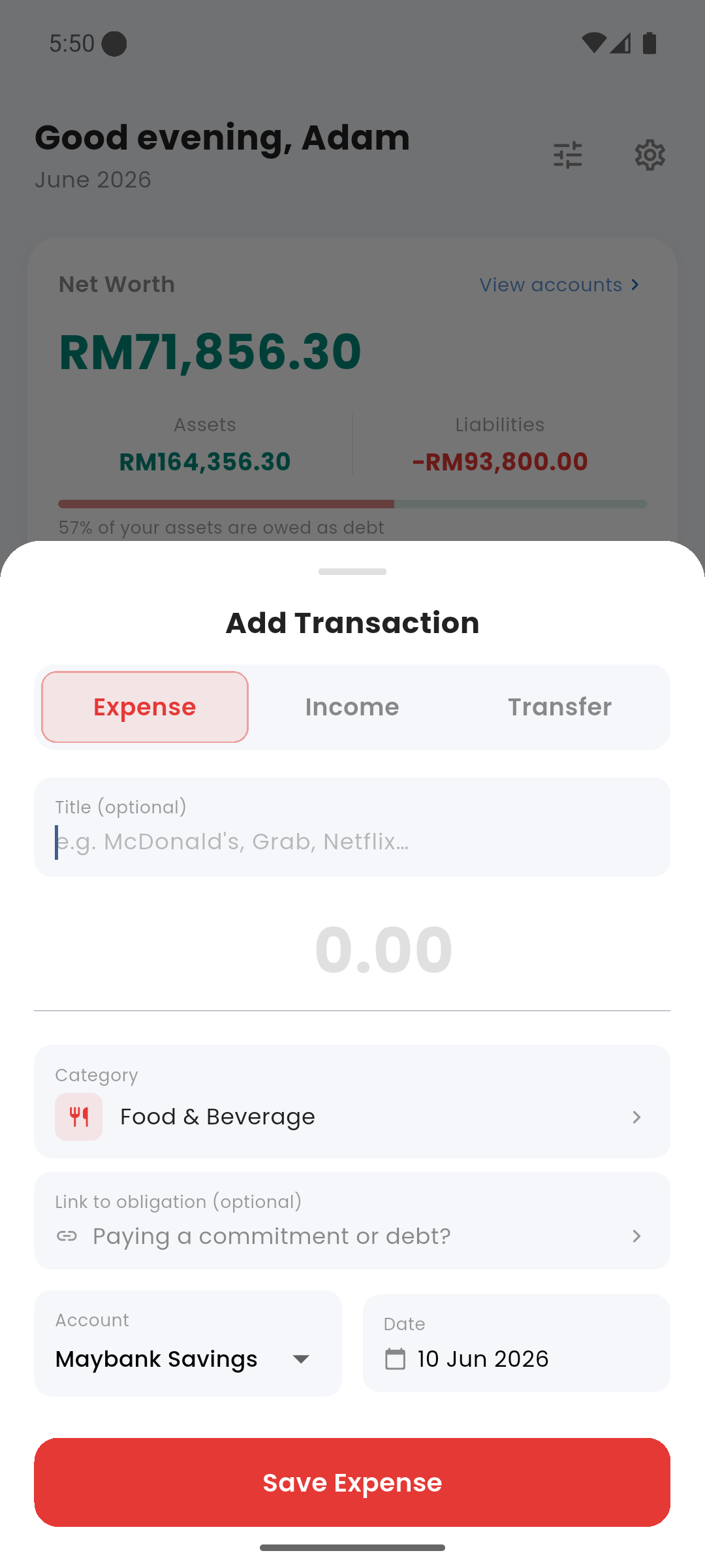 Add Transaction sheet
