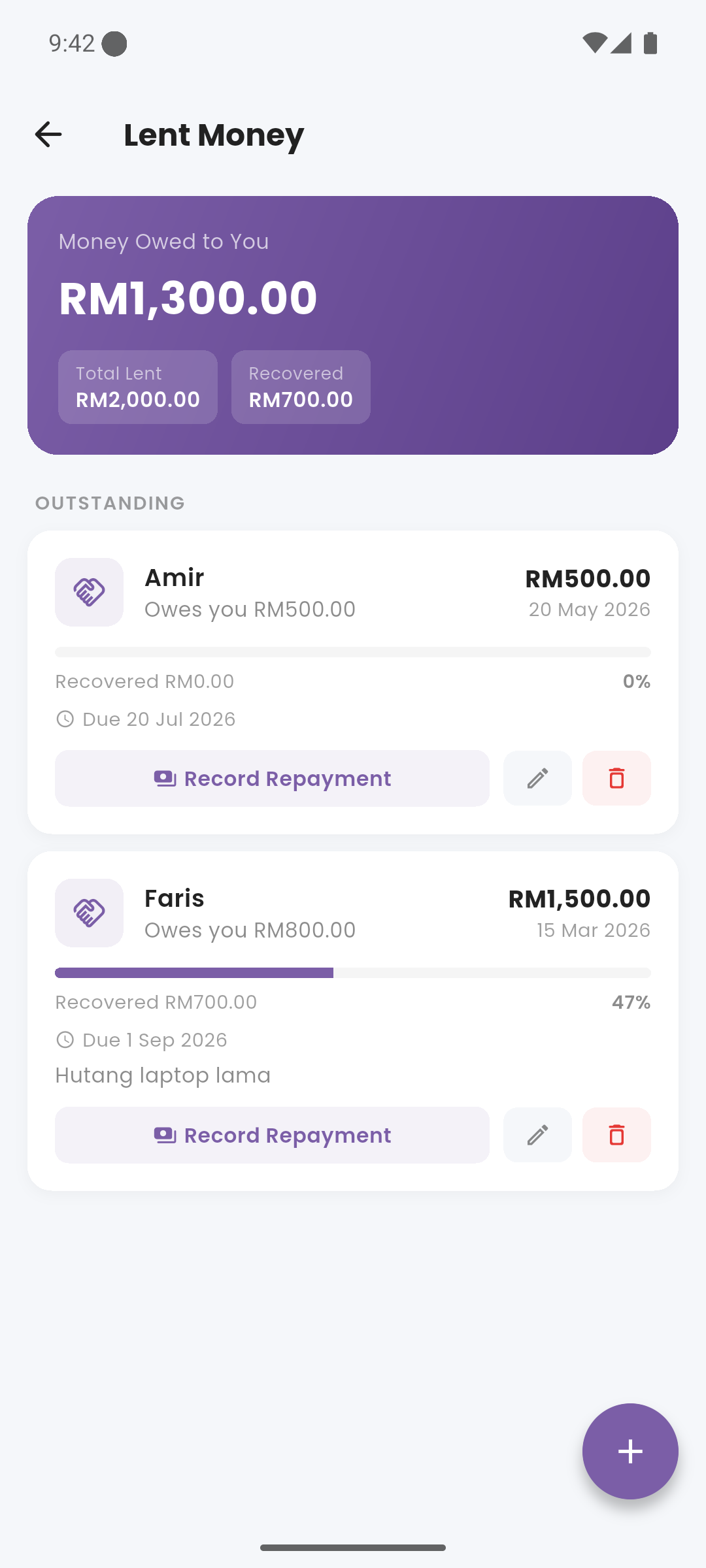 Lent Money screen with outstanding loans