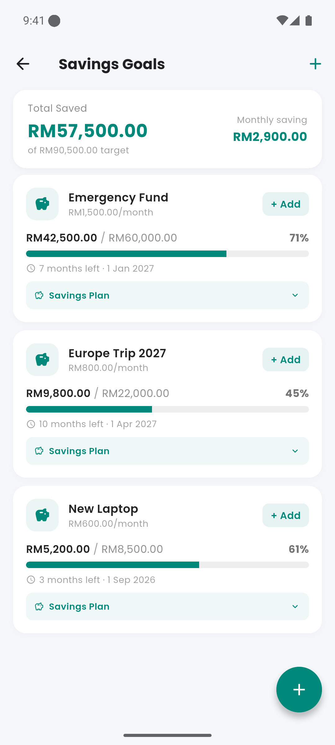 Savings Goals screen with progress cards