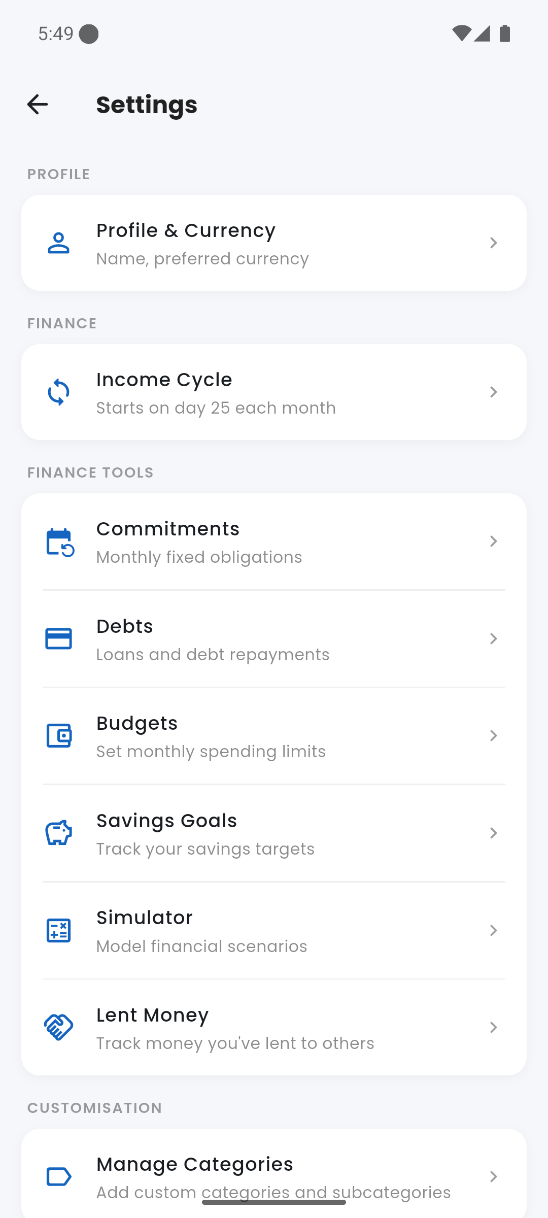 Settings screen