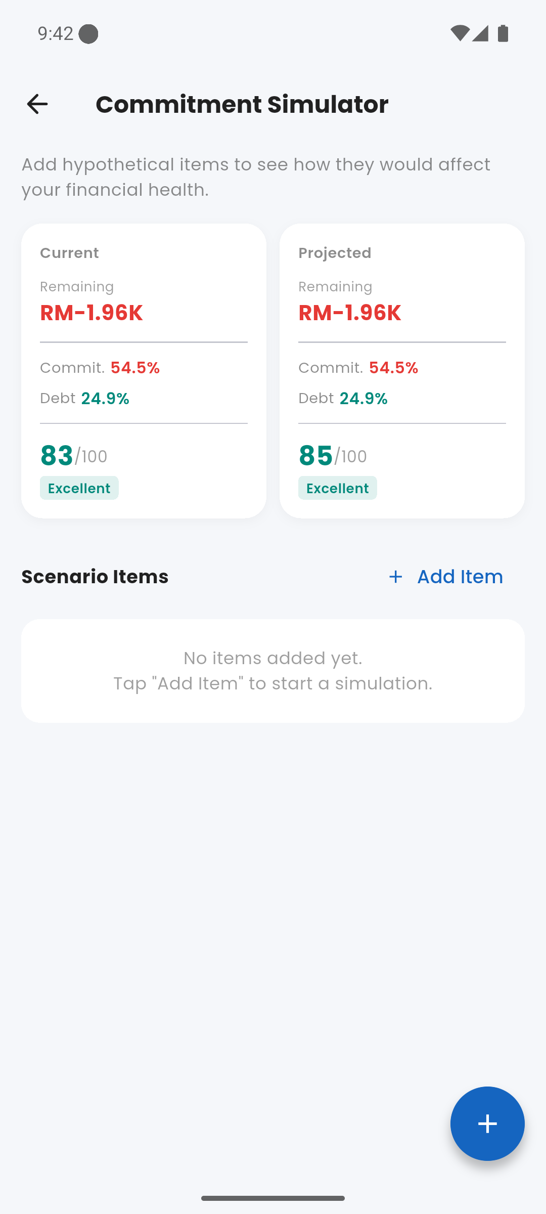 Simulator screen with scenario comparison